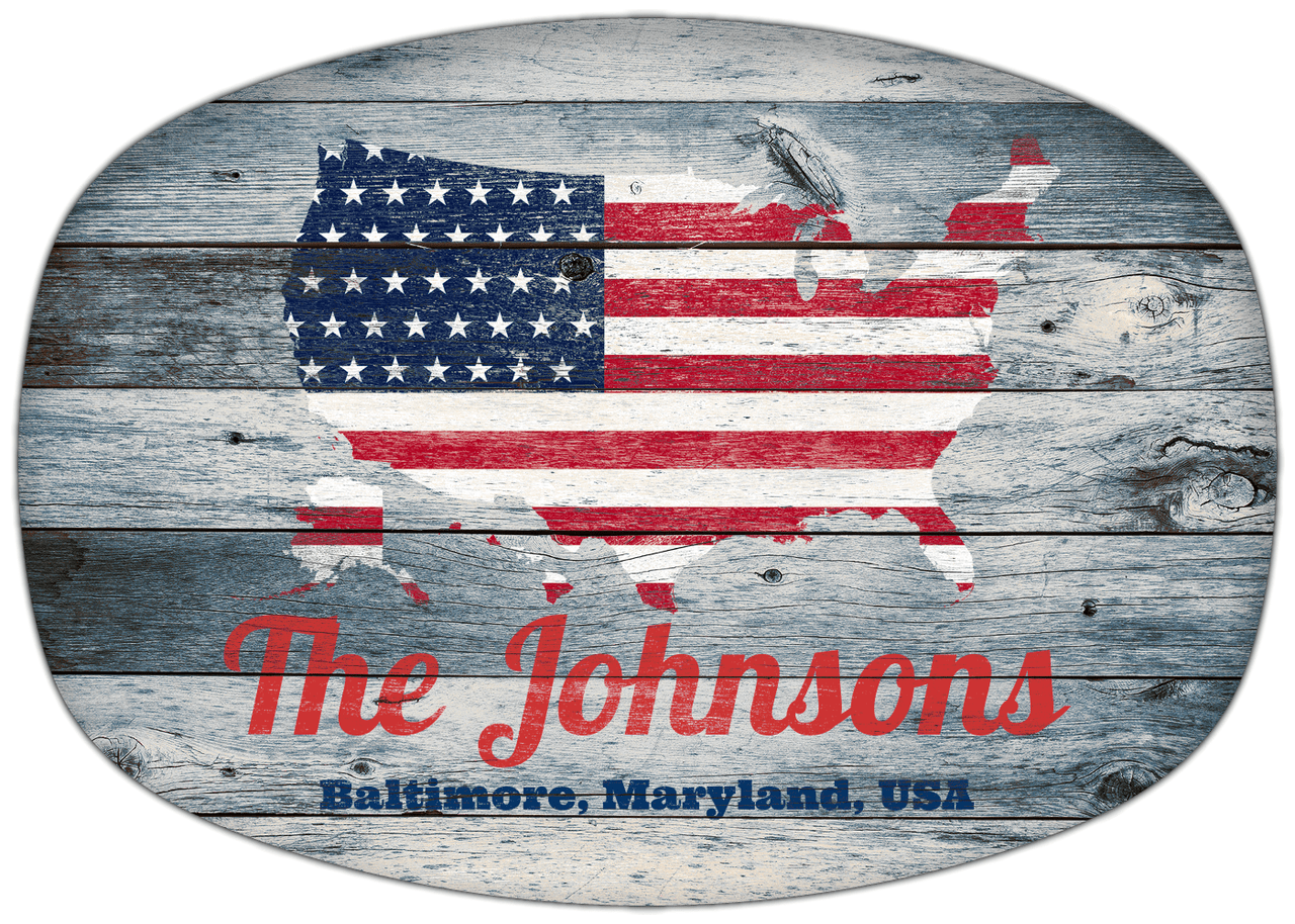 Personalized Faux Wood Grain Plastic Platter - USA Flag - Bluewash Wood - Baltimore, Maryland - Front View