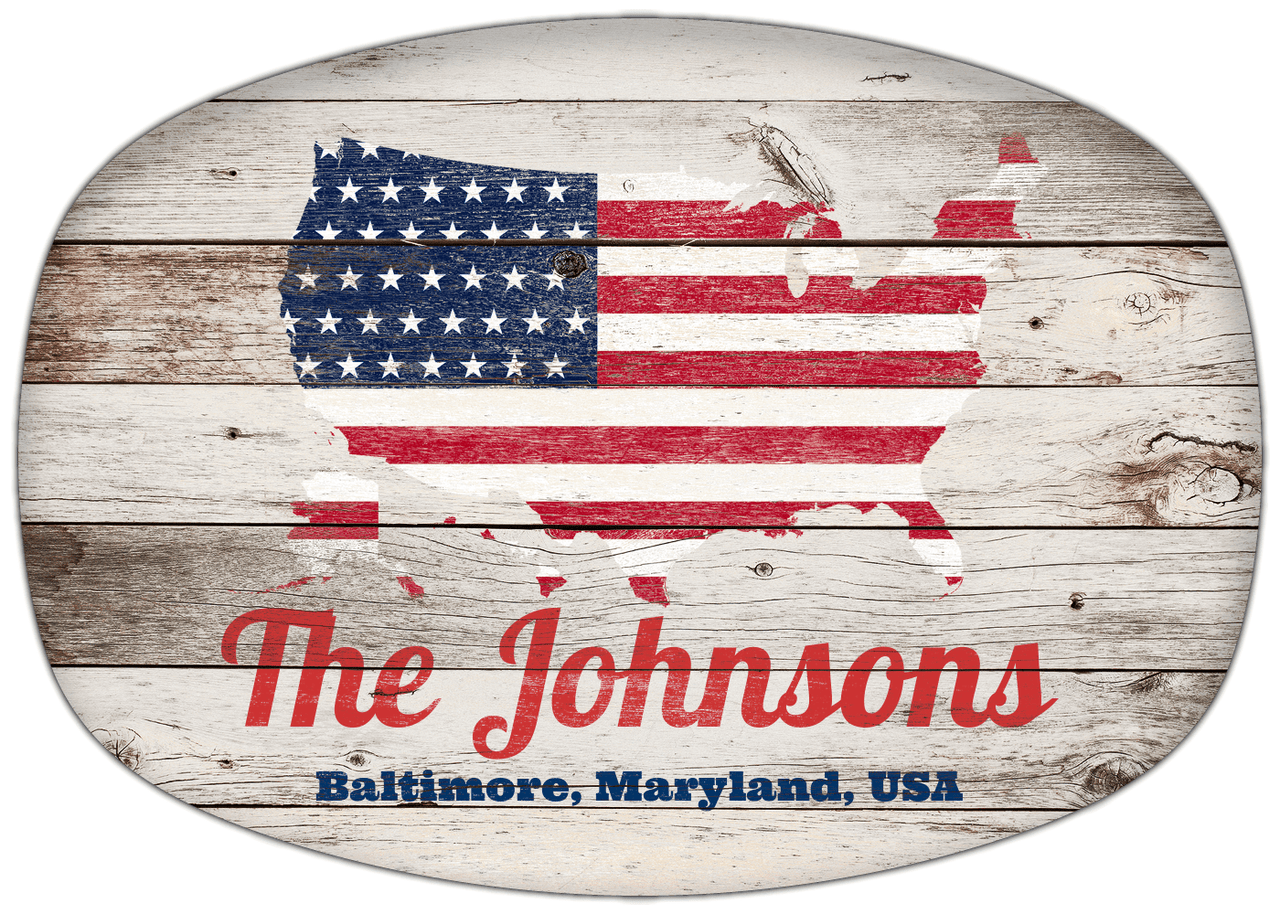 Personalized Faux Wood Grain Plastic Platter - USA Flag - Whitewash Wood - Baltimore, Maryland - Front View