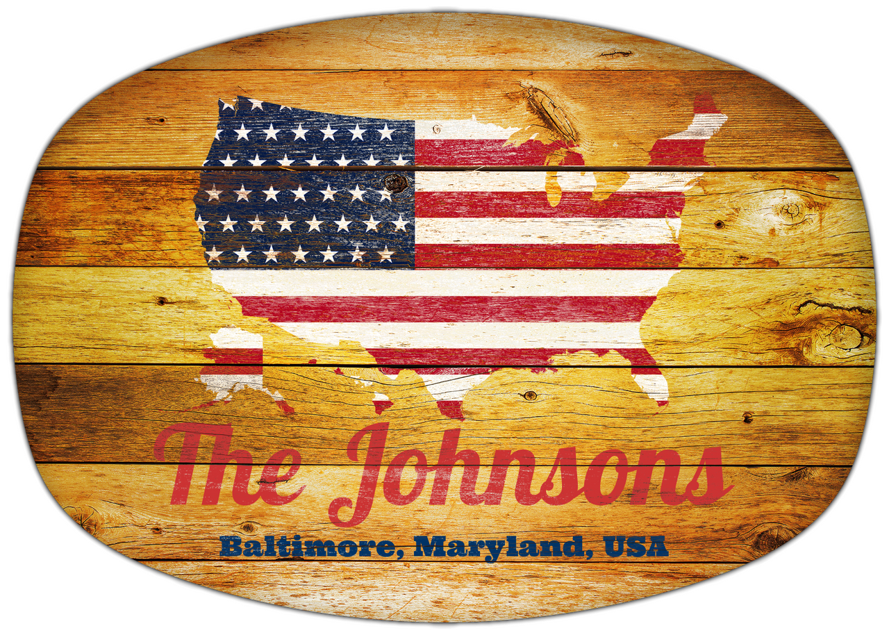 Personalized Faux Wood Grain Plastic Platter - USA Flag - Sunburst Wood - Baltimore, Maryland - Front View