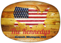 Thumbnail for Personalized Faux Wood Grain Plastic Platter - USA Flag - Sunburst Wood - Detroit, Michigan - Front View