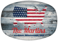 Thumbnail for Personalized Faux Wood Grain Plastic Platter - USA Flag - Bluewash Wood - Jackson, Mississippi - Front View
