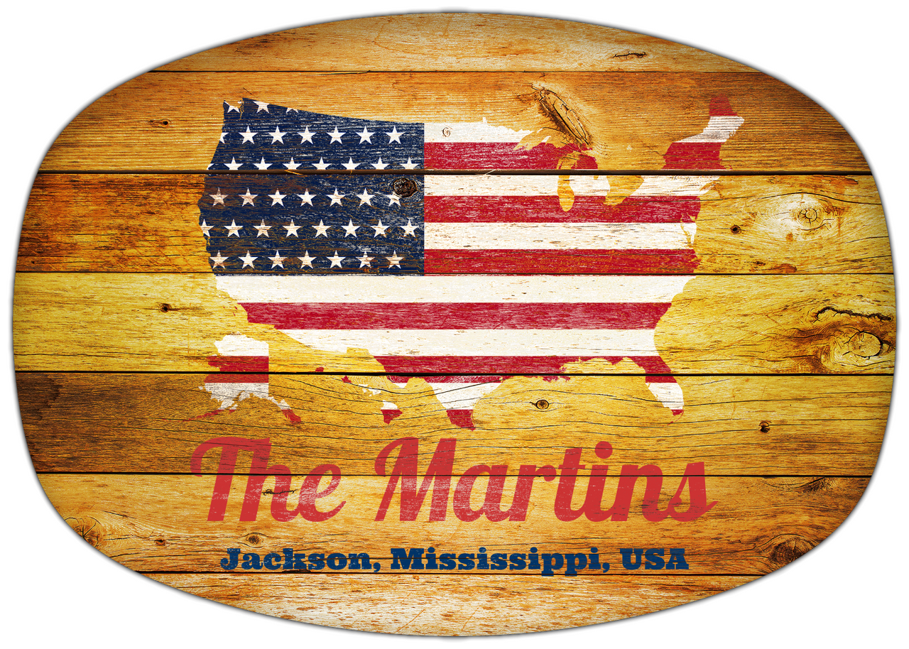 Personalized Faux Wood Grain Plastic Platter - USA Flag - Sunburst Wood - Jackson, Mississippi - Front View
