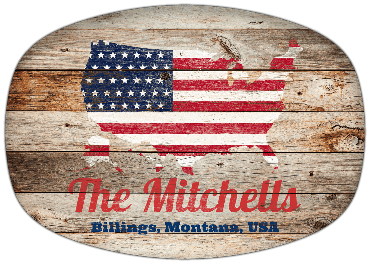Personalized Faux Wood Grain Plastic Platter - USA Flag - Natural Wood - Billings, Montana - Front View