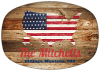 Thumbnail for Personalized Faux Wood Grain Plastic Platter - USA Flag - Antique Oak - Billings, Montana - Front View