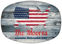 Thumbnail for Personalized Faux Wood Grain Plastic Platter - USA Flag - Bluewash Wood - Lincoln, Nebraska - Front View