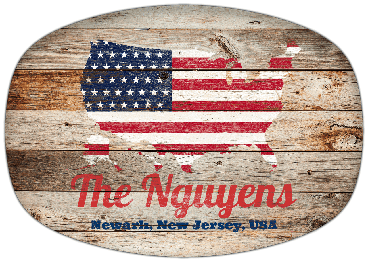 Personalized Faux Wood Grain Plastic Platter - USA Flag - Natural Wood - Newark, New Jersey - Front View