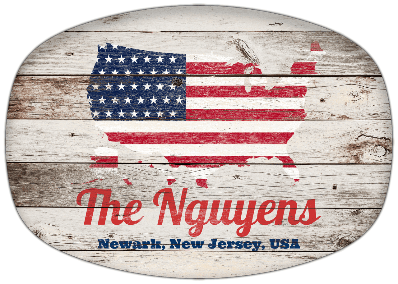 Personalized Faux Wood Grain Plastic Platter - USA Flag - Whitewash Wood - Newark, New Jersey - Front View