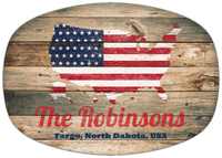 Thumbnail for Personalized Faux Wood Grain Plastic Platter - USA Flag - Patina Wood - Fargo, North Dakota - Front View