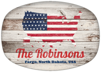 Thumbnail for Personalized Faux Wood Grain Plastic Platter - USA Flag - Whitewash Wood - Fargo, North Dakota - Front View