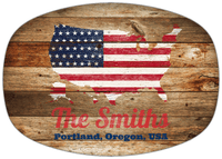 Thumbnail for Personalized Faux Wood Grain Plastic Platter - USA Flag - Antique Oak - Portland, Oregon - Front View