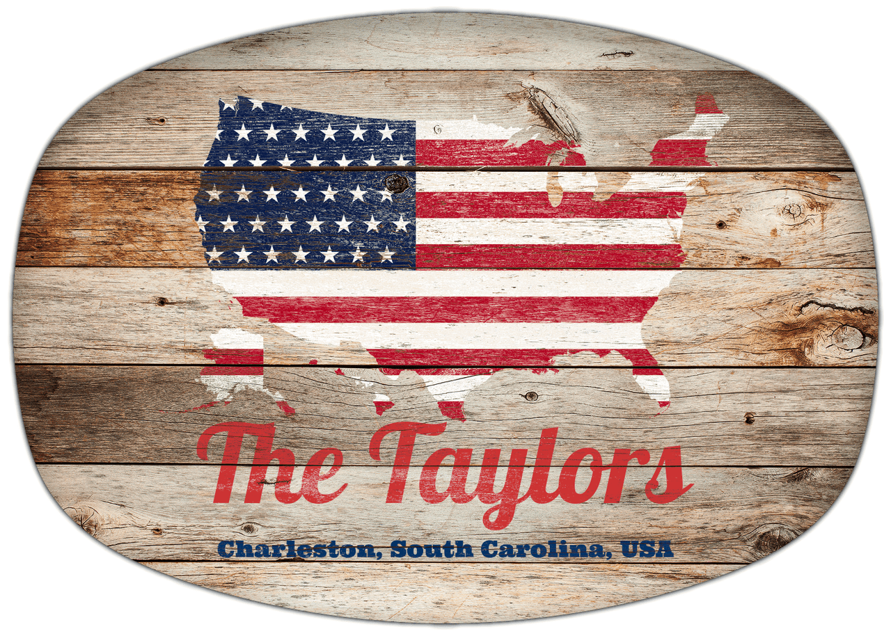 Personalized Faux Wood Grain Plastic Platter - USA Flag - Natural Wood - Charleston, South Carolina - Front View