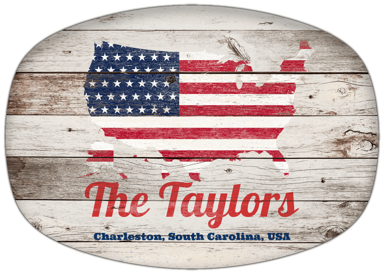 Personalized Faux Wood Grain Plastic Platter - USA Flag - Whitewash Wood - Charleston, South Carolina - Front View