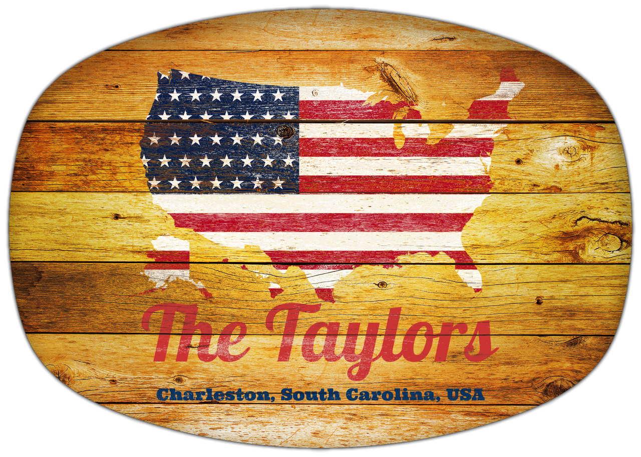 Personalized Faux Wood Grain Plastic Platter - USA Flag - Sunburst Wood - Charleston, South Carolina - Front View