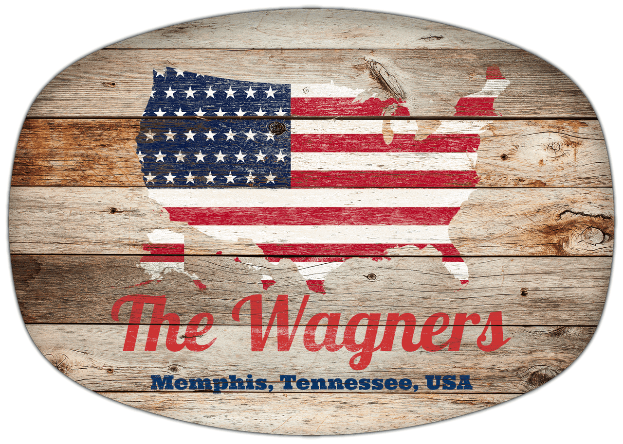 Personalized Faux Wood Grain Plastic Platter - USA Flag - Natural Wood - Memphis, Tennessee - Front View