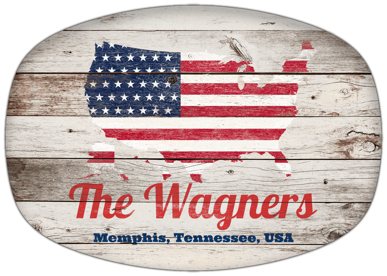 Personalized Faux Wood Grain Plastic Platter - USA Flag - Whitewash Wood - Memphis, Tennessee - Front View