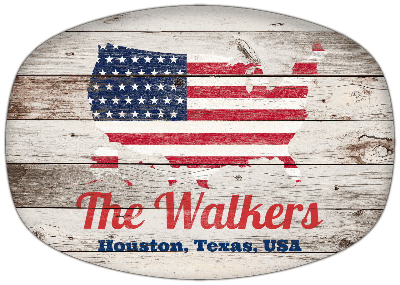 Personalized Faux Wood Grain Plastic Platter - USA Flag - Whitewash Wood - Houston, Texas - Front View