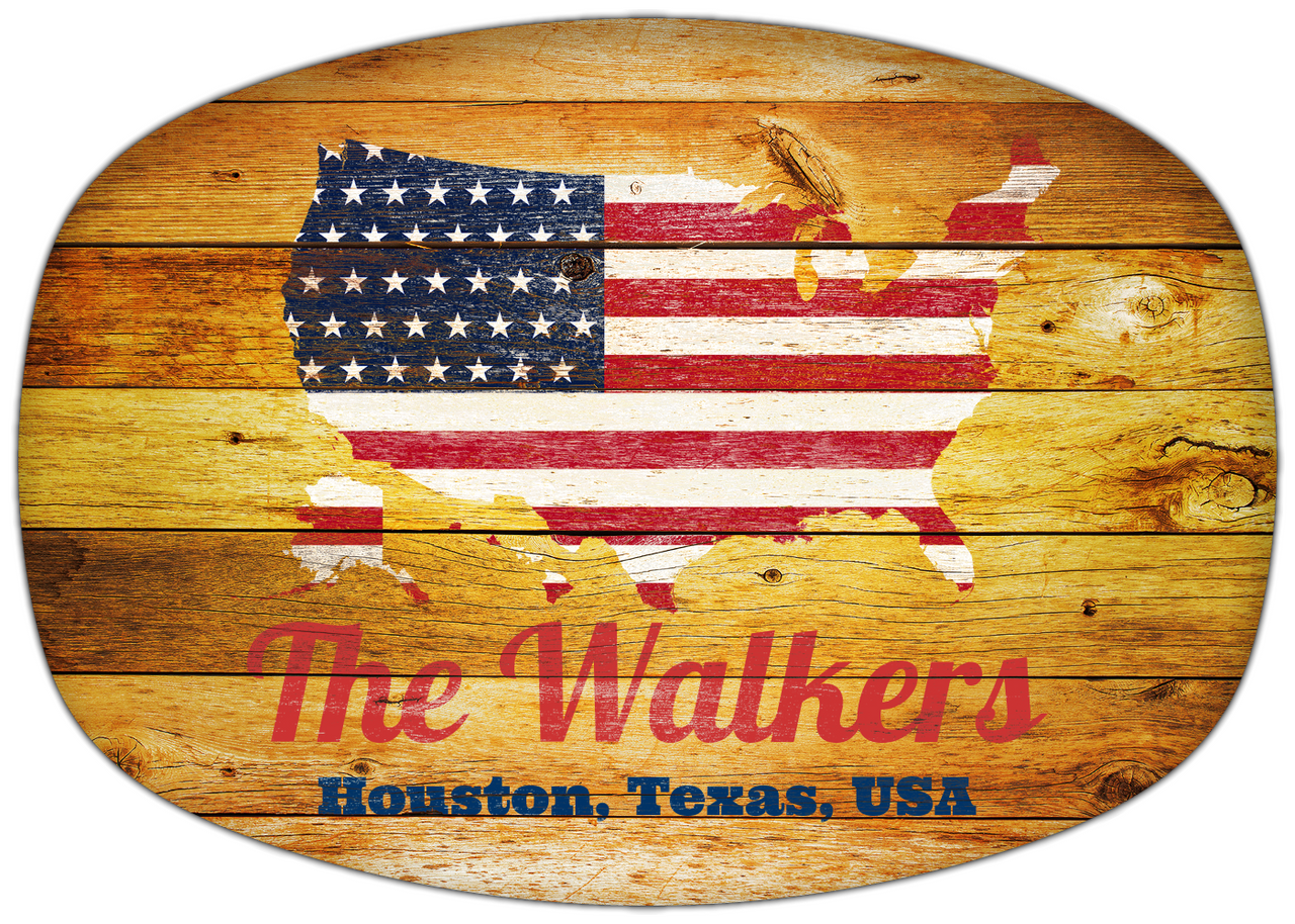 Personalized Faux Wood Grain Plastic Platter - USA Flag - Sunburst Wood - Houston, Texas - Front View