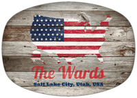 Thumbnail for Personalized Faux Wood Grain Plastic Platter - USA Flag - Old Grey Wood - Salt Lake City, Utah - Front View
