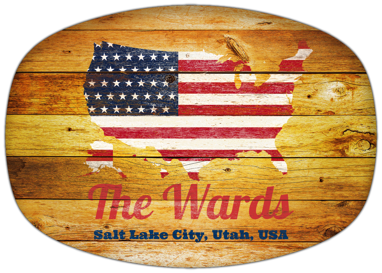 Personalized Faux Wood Grain Plastic Platter - USA Flag - Sunburst Wood - Salt Lake City, Utah - Front View
