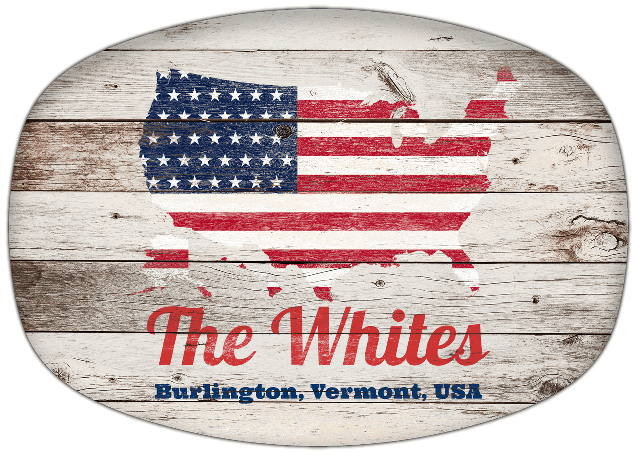 Personalized Faux Wood Grain Plastic Platter - USA Flag - Whitewash Wood - Burlington, Vermont - Front View