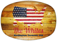Thumbnail for Personalized Faux Wood Grain Plastic Platter - USA Flag - Sunburst Wood - Burlington, Vermont - Front View