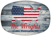 Thumbnail for Personalized Faux Wood Grain Plastic Platter - USA Flag - Bluewash Wood - Seattle, Washington - Front View