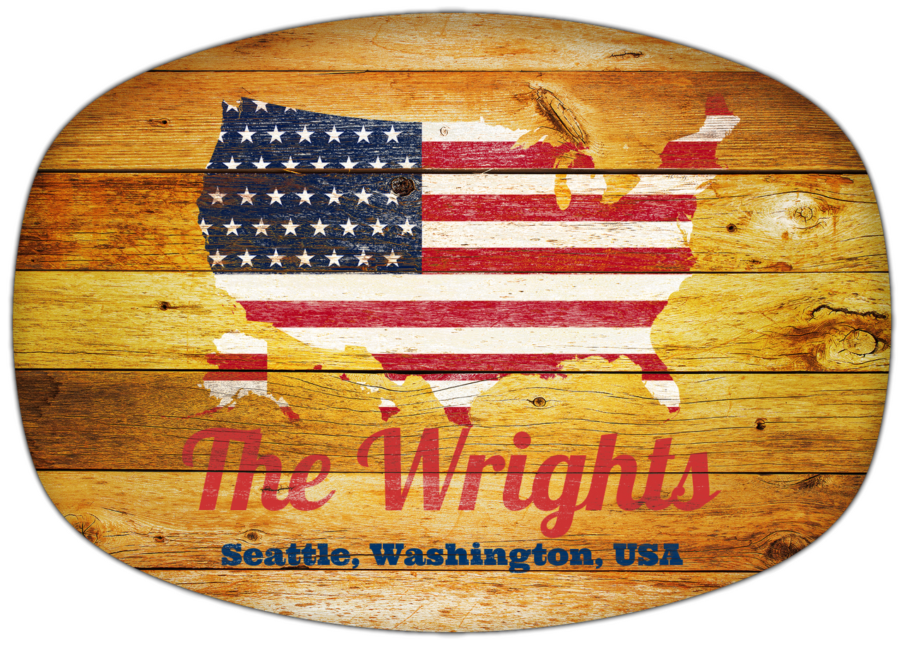 Personalized Faux Wood Grain Plastic Platter - USA Flag - Sunburst Wood - Seattle, Washington - Front View