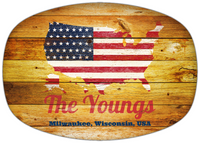 Thumbnail for Personalized Faux Wood Grain Plastic Platter - USA Flag - Sunburst Wood - Milwaukee, Wisconsin - Front View