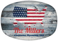 Thumbnail for Personalized Faux Wood Grain Plastic Platter - USA Flag - Bluewash Wood - Cheyenne, Wyoming - Front View