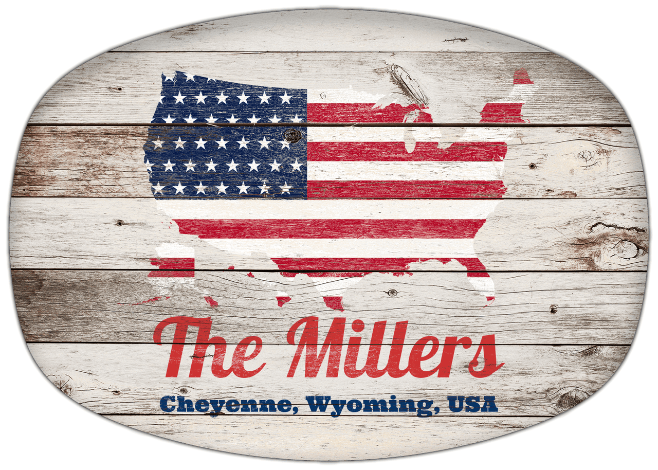 Personalized Faux Wood Grain Plastic Platter - USA Flag - Whitewash Wood - Cheyenne, Wyoming - Front View