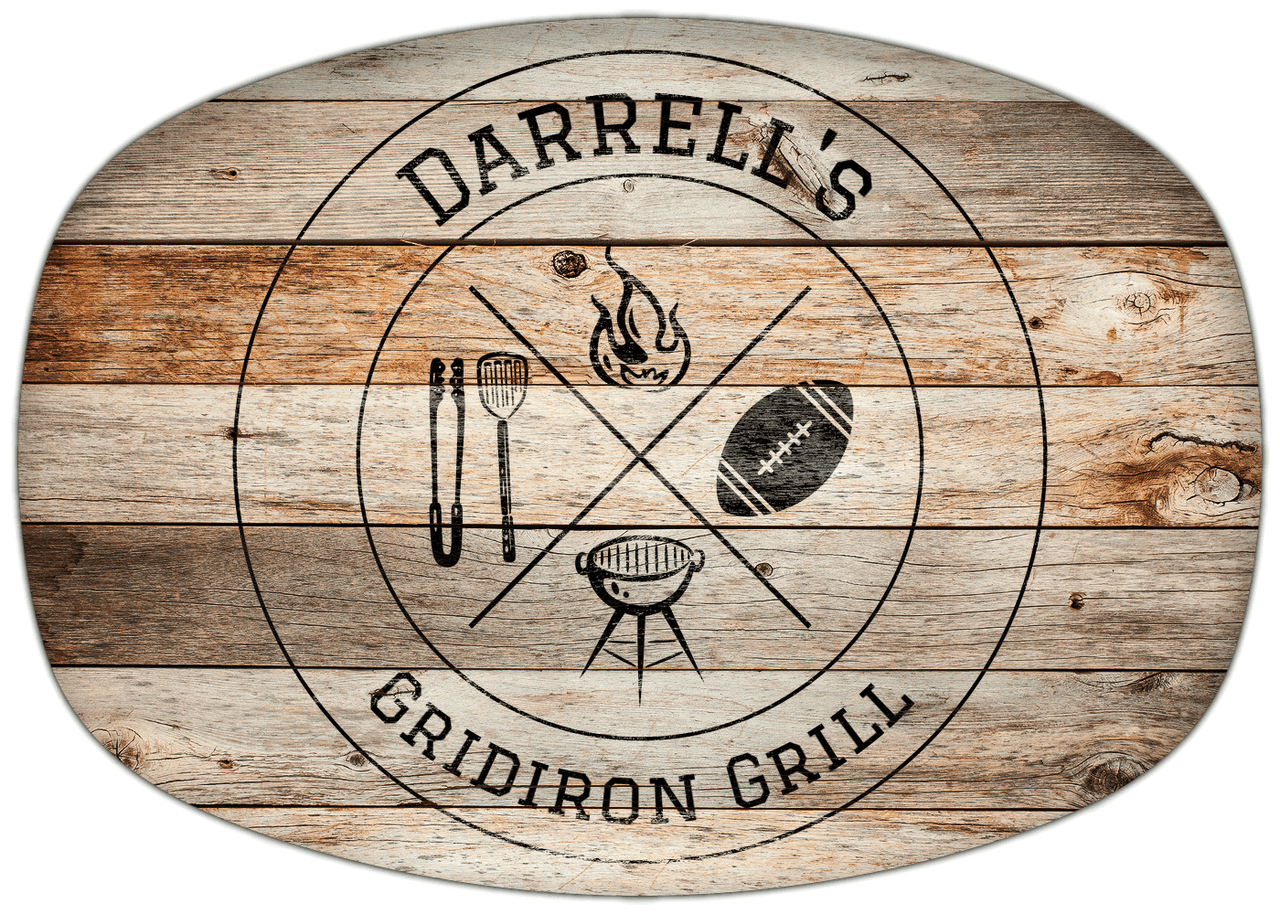 Personalized Faux Wood Grain Plastic Platter - Football BBQ - Natural Wood - Front View