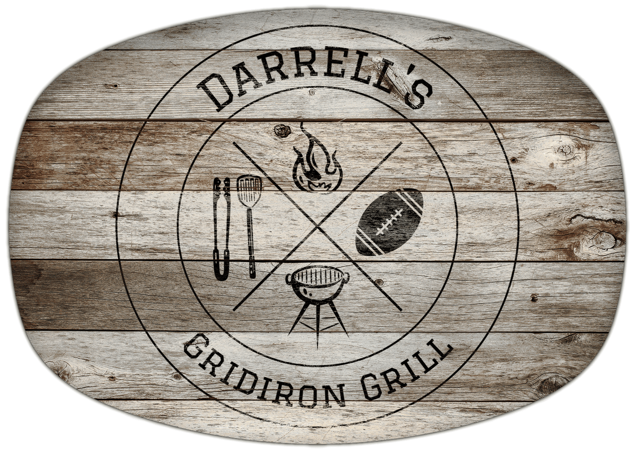 Personalized Faux Wood Grain Plastic Platter - Football BBQ - Old Grey Wood - Front View