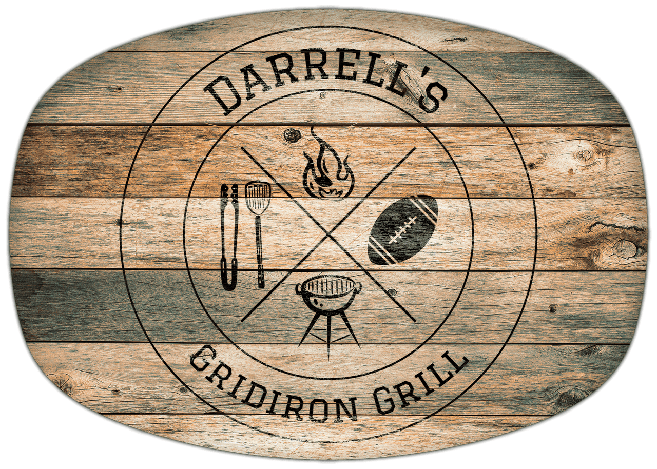 Personalized Faux Wood Grain Plastic Platter - Football BBQ - Patina Wood - Front View