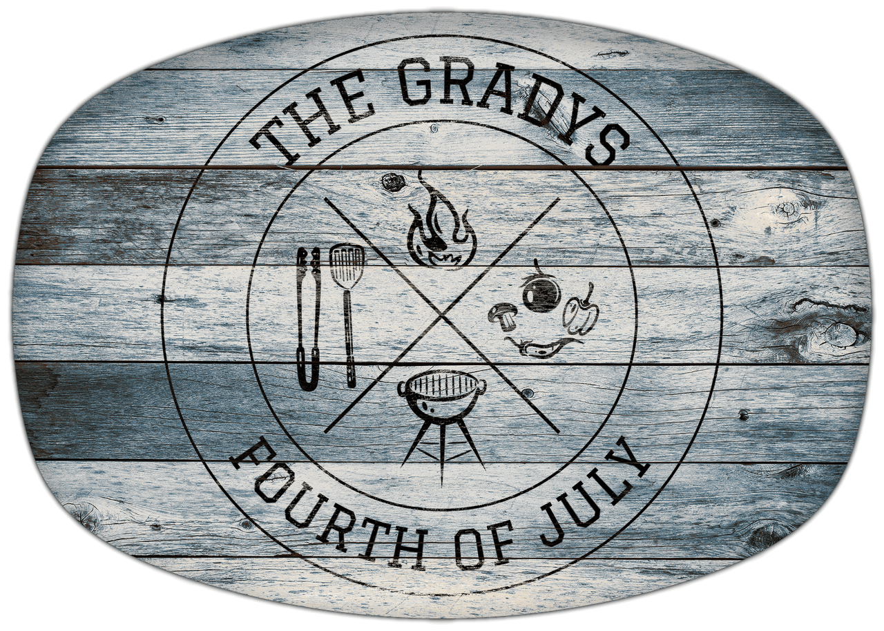 Personalized Faux Wood Grain Plastic Platter - Fourth of July BBQ - Bluewash Wood - Front View
