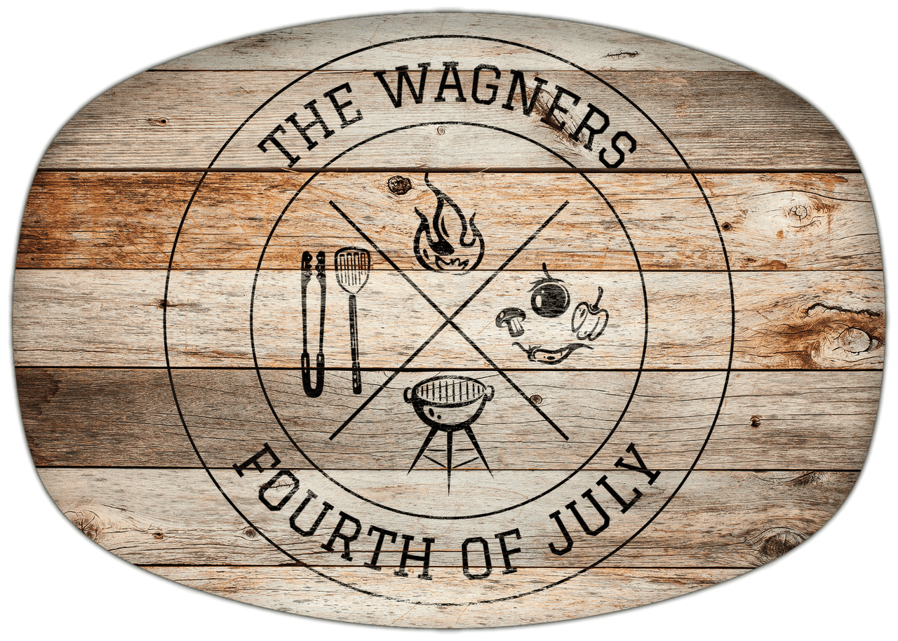 Personalized Faux Wood Grain Plastic Platter - Fourth of July BBQ - Natural Wood - Front View