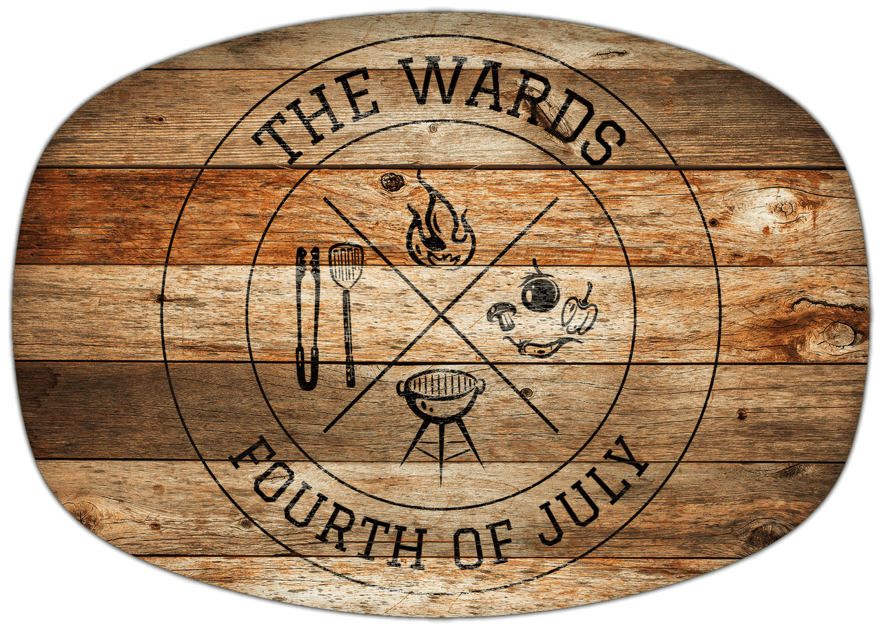 Personalized Faux Wood Grain Plastic Platter - Fourth of July BBQ - Antique Oak Wood - Front View
