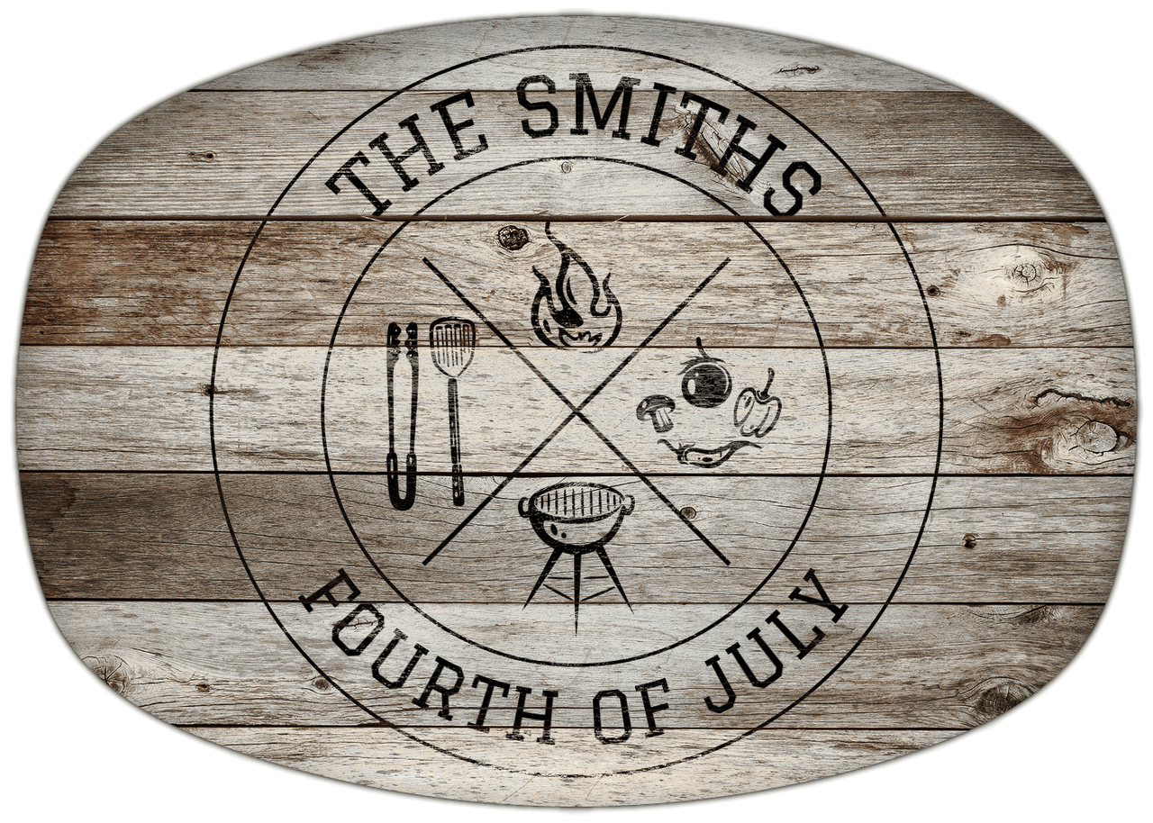 Personalized Faux Wood Grain Plastic Platter - Fourth of July BBQ - Old Grey Wood - Front View