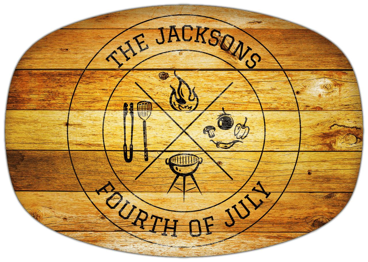 Personalized Faux Wood Grain Plastic Platter - Fourth of July BBQ - Sunburst Wood - Front View