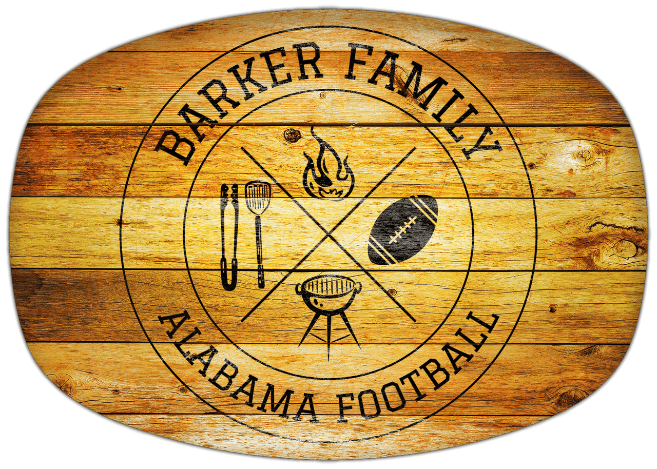 Personalized Faux Wood Grain Plastic Platter - Alabama Football BBQ - Sunburst Wood - Front View