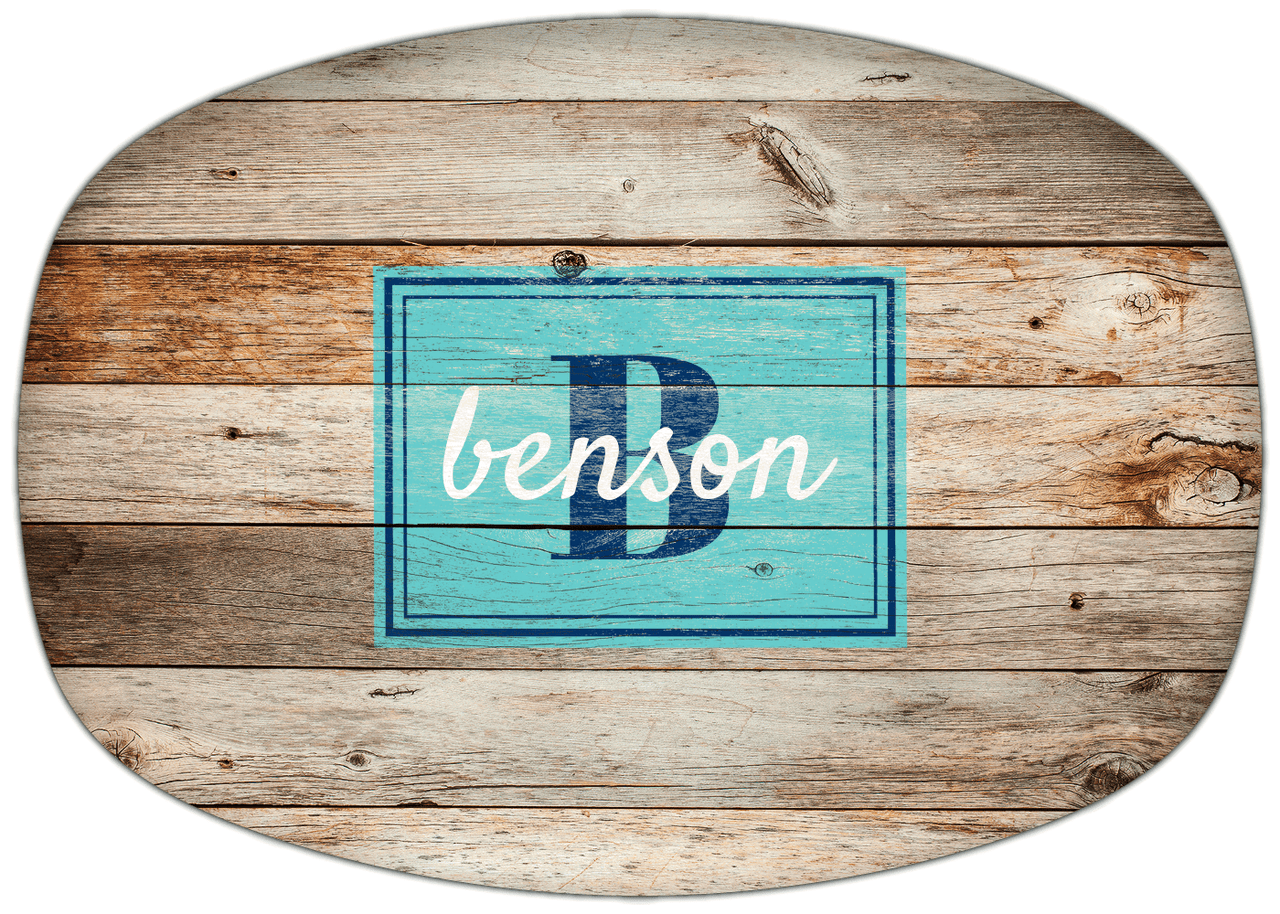 Personalized Faux Wood Grain Plastic Platter - Name Over Initial - Natural Wood - Rectangle Nameplate - Front View