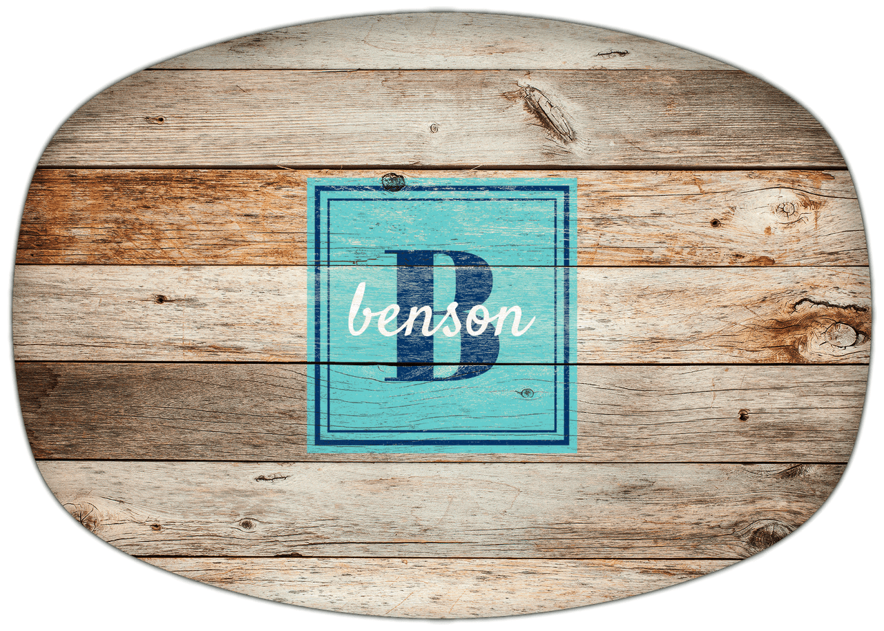 Personalized Faux Wood Grain Plastic Platter - Name Over Initial - Natural Wood - Square Nameplate - Front View
