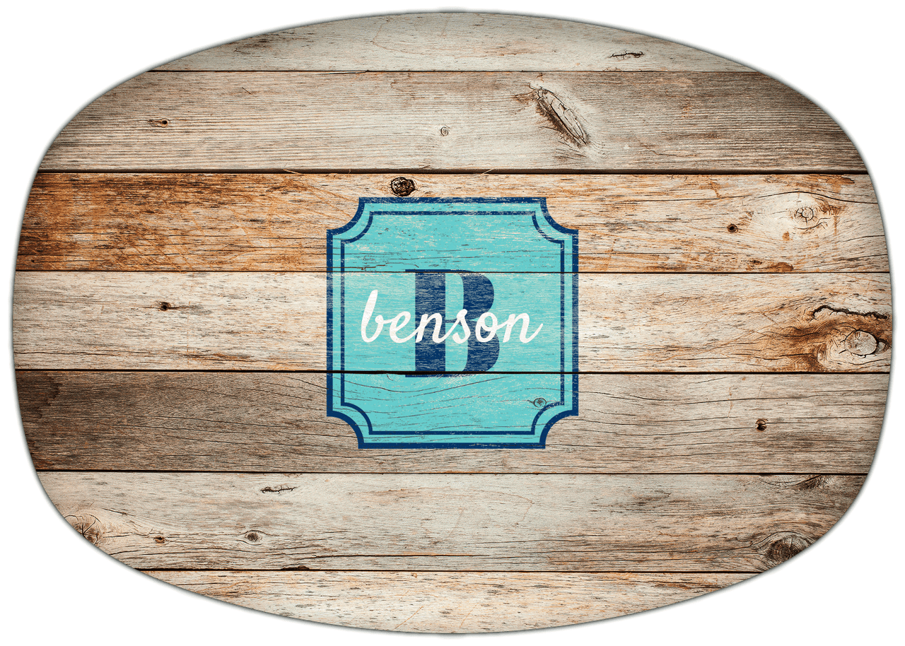 Personalized Faux Wood Grain Plastic Platter - Name Over Initial - Natural Wood - Stamp Nameplate - Front View