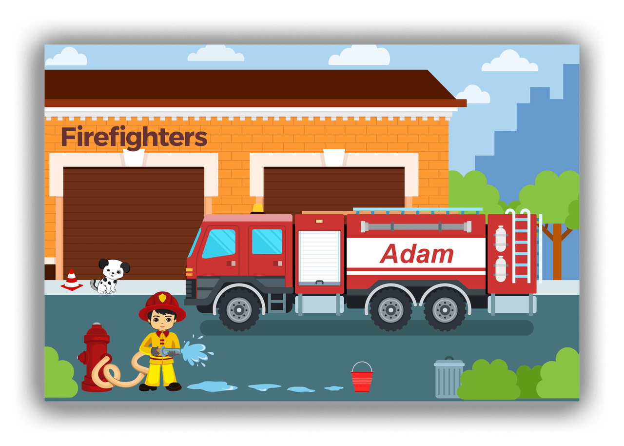 Personalized Fire Truck Canvas Wrap & Photo Print I - Blue Background with Asian Boy - Front View