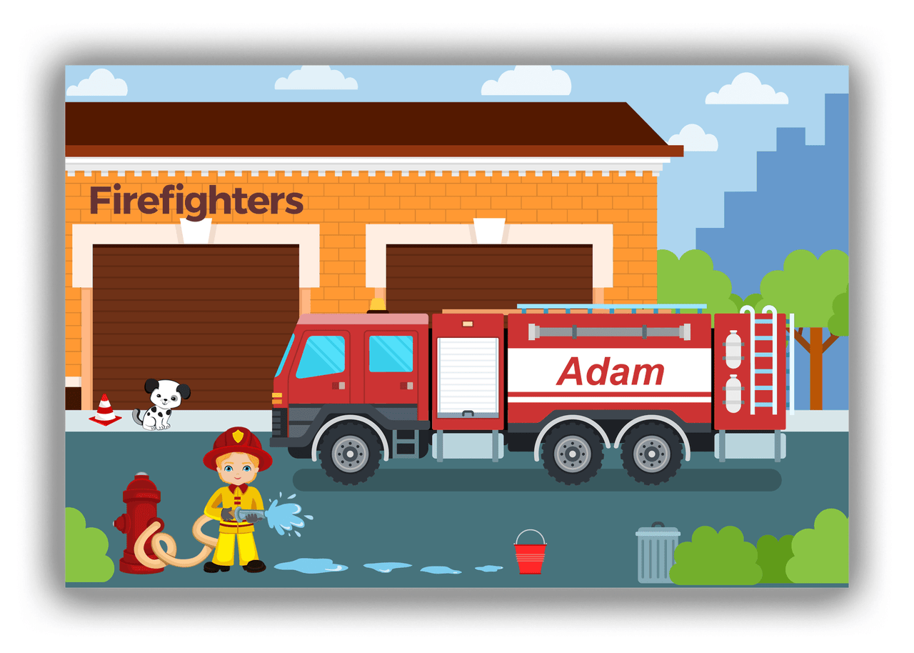 Personalized Fire Truck Canvas Wrap & Photo Print I - Blue Background with Blond Boy - Front View