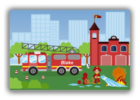 Thumbnail for Personalized Fire Truck Canvas Wrap & Photo Print III - Blue Background with Redhead Boy - Front View