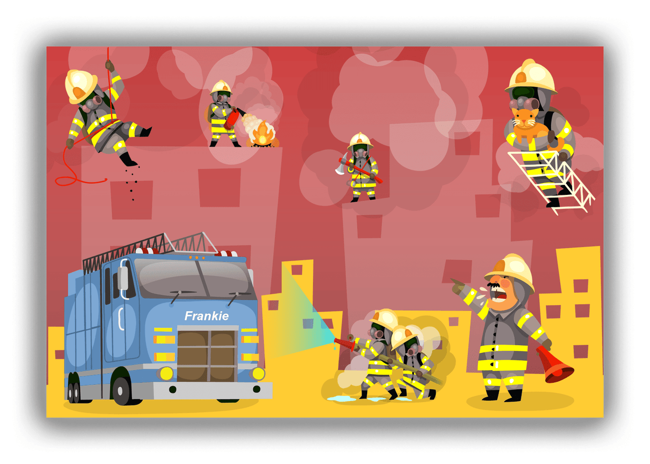 Personalized Fire Truck Canvas Wrap & Photo Print V - Fighting Fire with Red Background - Front View