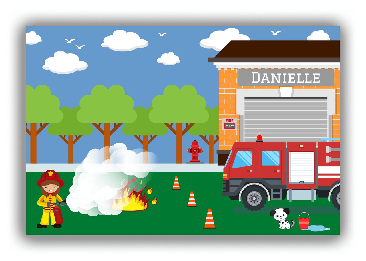 Personalized Fire Truck Canvas Wrap & Photo Print VII - Blue Background with Brunette Girl - Front View