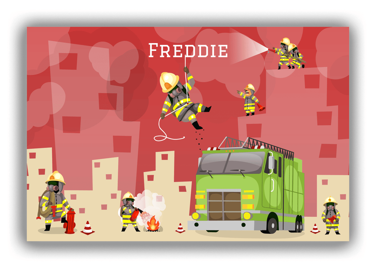 Personalized Fire Truck Canvas Wrap & Photo Print X - Fighting Fire with Red Background - Front View