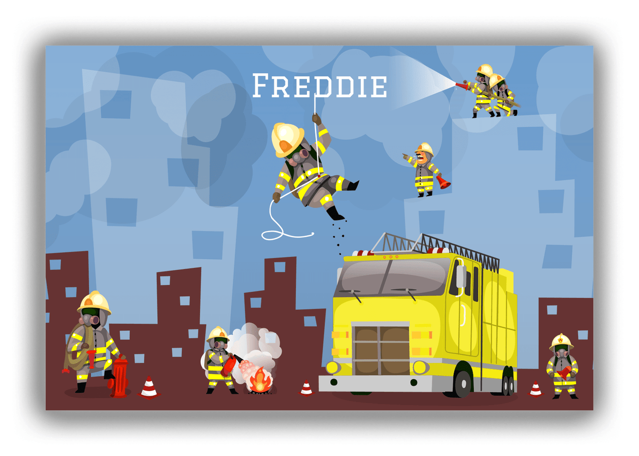 Personalized Fire Truck Canvas Wrap & Photo Print X - Fighting Fire with Blue Background - Front View