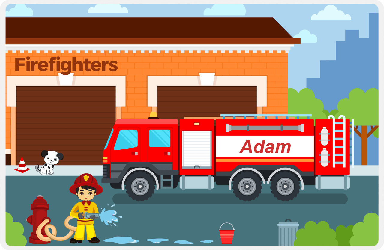Personalized Fire Truck Placemat I - Name on Firetruck - Asian Boy -  View